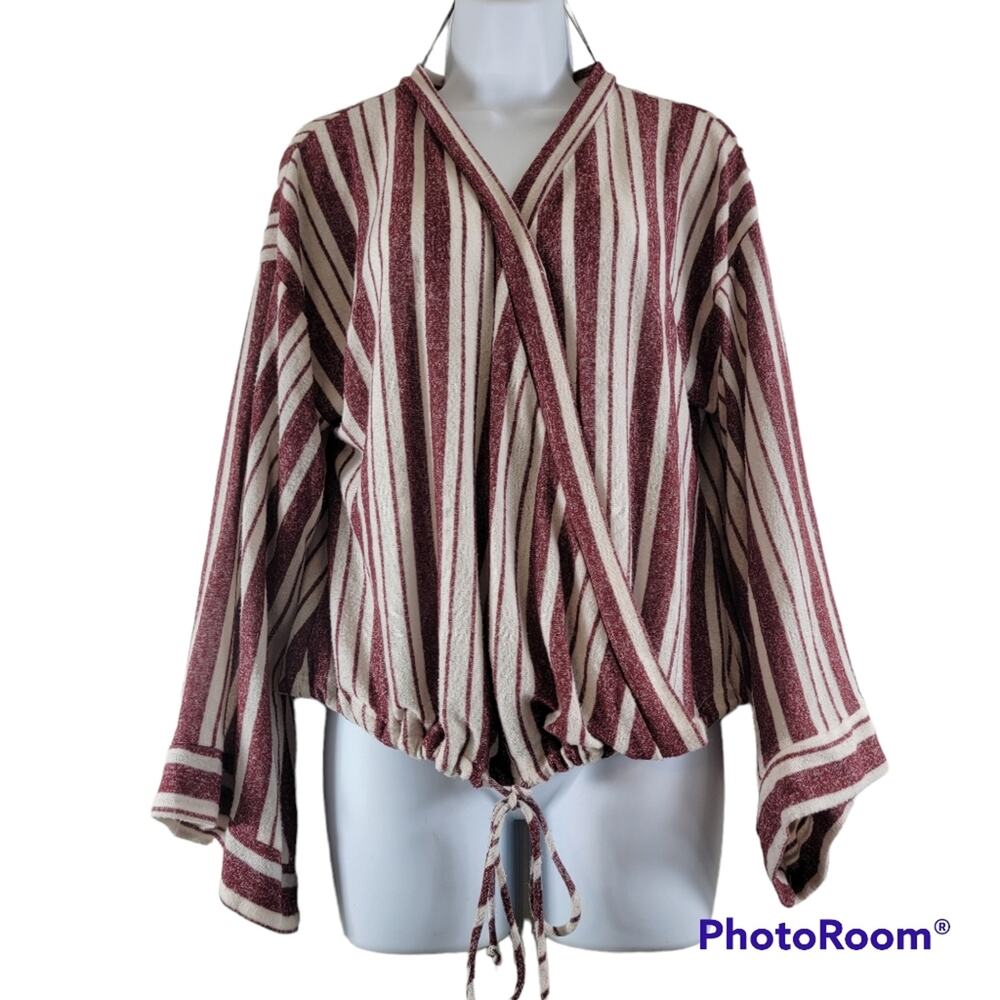 Lazy Sundays Heathered Burgundy and White Striped Long Sleeve Wrap Sweater Small